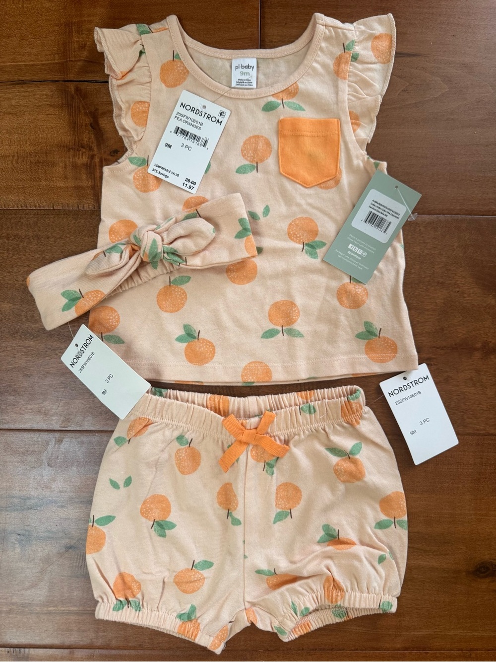 Nordstrom Peach/Orange Print 9M Baby Set with Headband